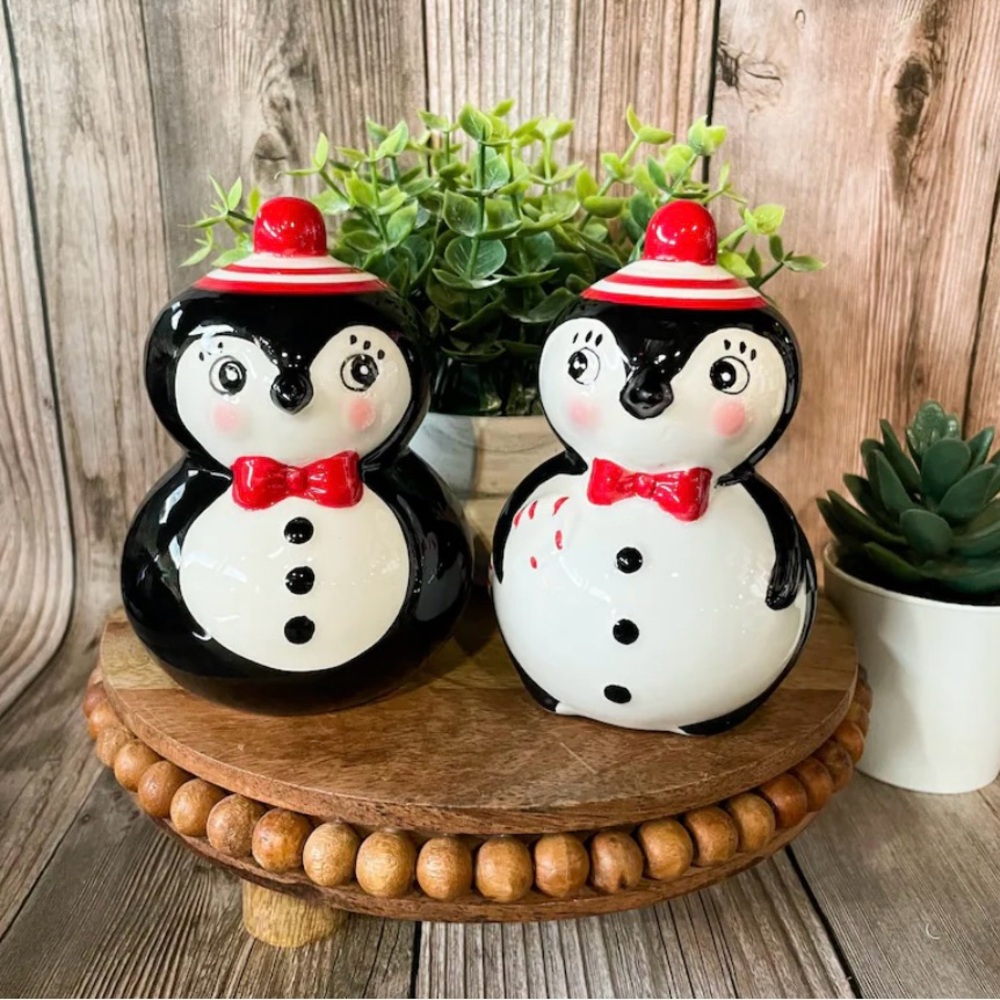 Festive Penguin Ceramic Salt and Pepper Shakers - Black and White